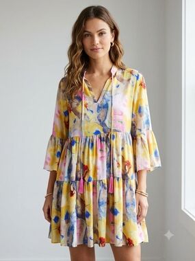 Paani Abstract Watercolor Floral Tiered Tassel Mini Dress Small